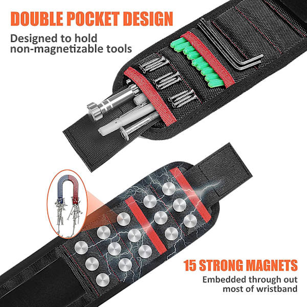 Sort Magnetarmbånd, Allisable Værktøjsbælte Med 15 Stærke Magneter Til At Holde Skruer, Bolte, Bore, Værktøjs Holder Gadgets Til Konstruktion, Rep