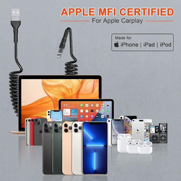 5ft Coiled Lightning Kabel Kompatibel Kort USB til Lightning Apple CarPlay Kabel med Data Synkronisering og LED, Indtrækkelig Opladerledning til iPhone/iPad/iPod