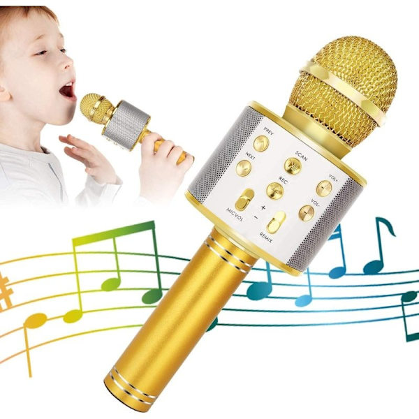 Trådlös Bluetooth Karaoke Mikrofon för Barn, 5-i-1 Bärbar Handhållen Karaoke Mikrofonhögtalare Spelare Recorder (Guld)