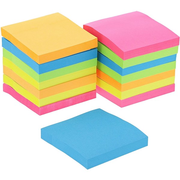 Klibbiga lappar 3x3, Ljusa färgglada klibbiga block, 16-pack, 100 ark/block, Självhäftande lappblock (Blandade färger)