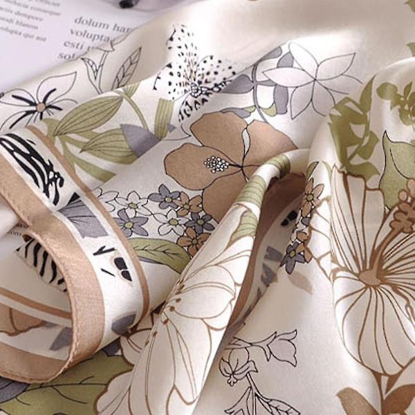 Sidenliknande Sjal Medium Storlek Kvadratisk Satin Sjal För Dam Små Blommor Ljus Kaffe Small floral light coffee