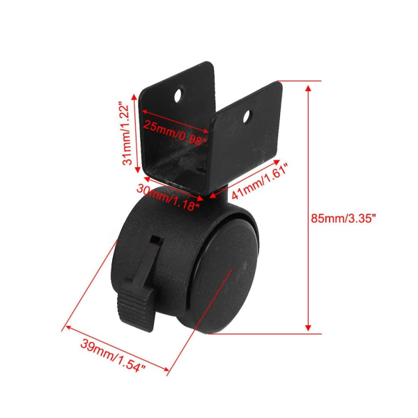 1,6" Dia Wheel U-Clamp Top Roterbar Universal Swivel Brake Caster Svart 4st