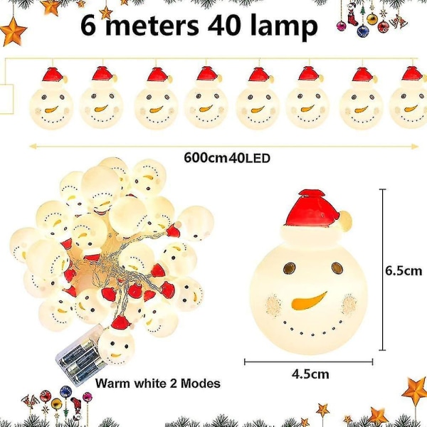Julelys, 20/40 LED Lys Batteridrevet Juletræstrenglys, Havefest Dekoration 6 meter 40 lys Julemand Santa Claus 6 meters 40 lights
