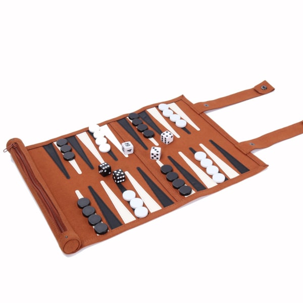 Backgammonsæt i rejsestørrelse - ægte ruskind, bærbart, roll-up letvægts backgammon rejsespil - roll-up læder backgammon