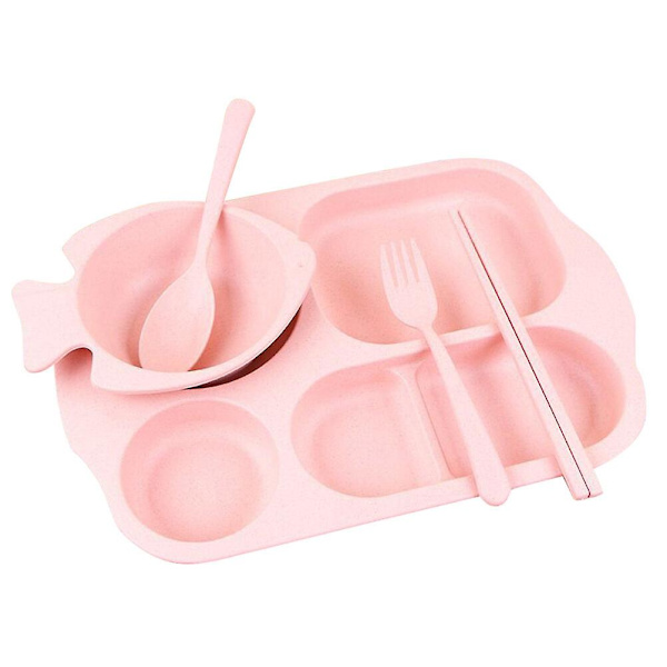 5 osaa/setti Vehnänolki Jaettu Ruokalauta Solid Color Tikut Haarukka Lusikka Kulho Astiasto Pöytäastiasto Lapsille Lapsille (vaaleanpunainen)Vaaleanpunainen Pink