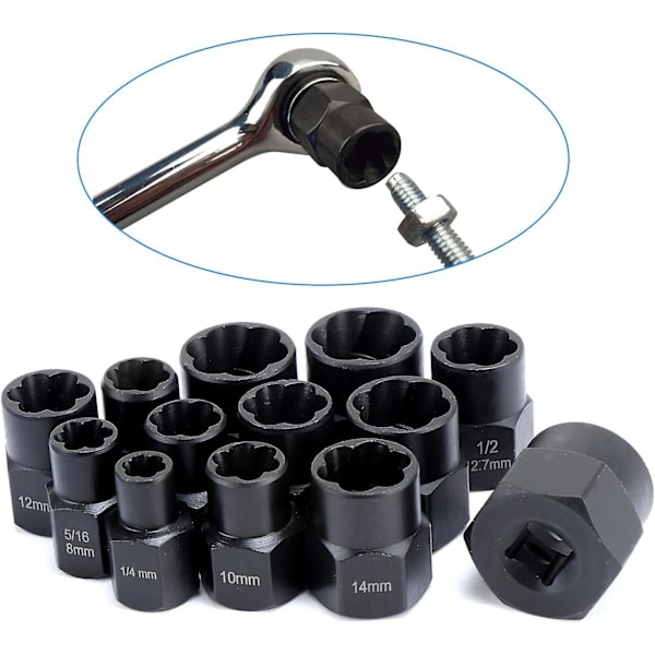 13-osainen Twist-hylsysarja - 9,5 mm Vaurioituneiden pulttien irroittaja - Lukkopulttien poistamiseen