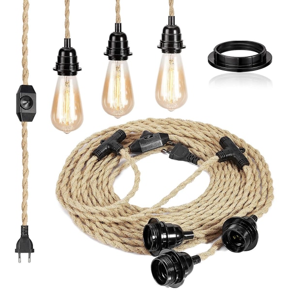 E27 2-leder linned elektrisk kabel snoet elektrisk kabel til lysarmaturer med justerbar kontakt og 6,8 m lampefatning (tre lampefatninger)