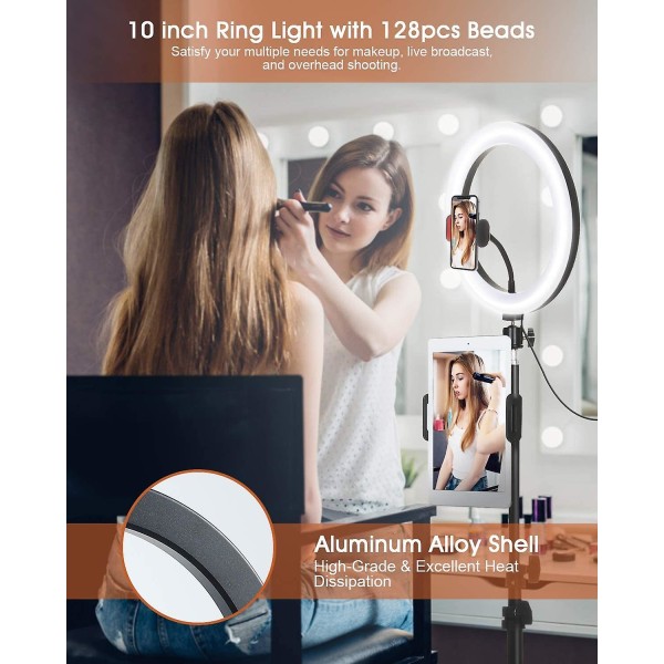 10" ringlys 1,34m Bluetooth-ringlys med stativ Stort 128 lysdioder 3 farger 10 intensiteter Ringlys med 360 justerbart stativ for nettbrett/telefon/ph