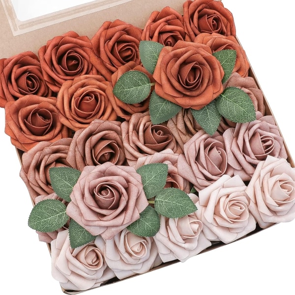 Gulvstue kunstige blomster 25 stk ekte utseende brent oransje Ombre farger Skum falske roser med stilker for DIY bryllupsbuketter
