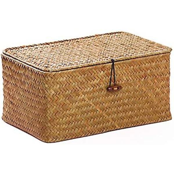Rattan Korg Havgräs Förvaringskorg Med Lock Naturligt Material (liten 26cmx16cmx10cm H)