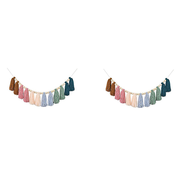 2x Boho-tyylinen tupsu-koriste puuhelmillä, maanläheisissä sateenkaaren väreissä, sopii luokkahuoneeseen, lastenhuoneeseen, juhliin ja lapsille