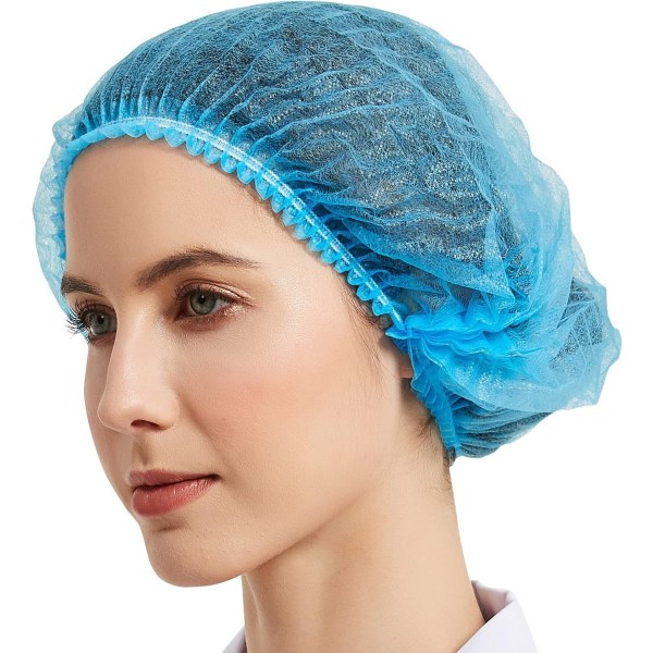 100-paknings blått engangshårnett, elastisk hodedeksel, bouffanthetter, sanitetshodedeksel for matservering, spa for menn og kvinner