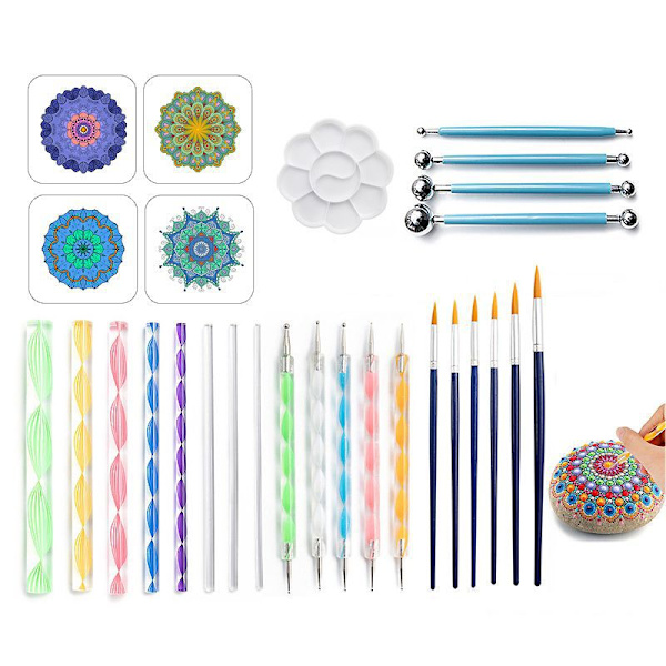28-dels Mandala Dotting Tools Set - Pennor, Dottingverktyg, Mandala Stencil, Kulspets, Färgbricka för att Måla Stenar, Färglägga, Rita
