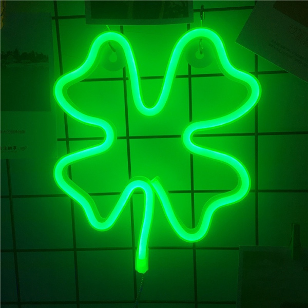 LED Neonlys til vægdekoration, USB eller batteridrevet, kløverskilt til soveværelse, pigers værelse.