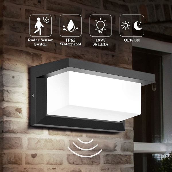 LED Utomhusvägglampa med Rörelsesensor, 18 W IP65 Kvadratisk Radarlampa för Patio Balkong Garage Verkstad (Kallvit)