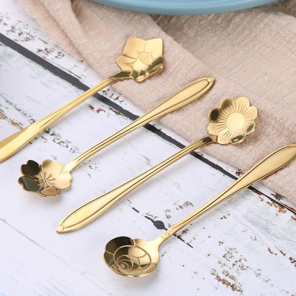4 stk Søde Blomster Te Skeer Dessert Kaffe Skeer Guld
