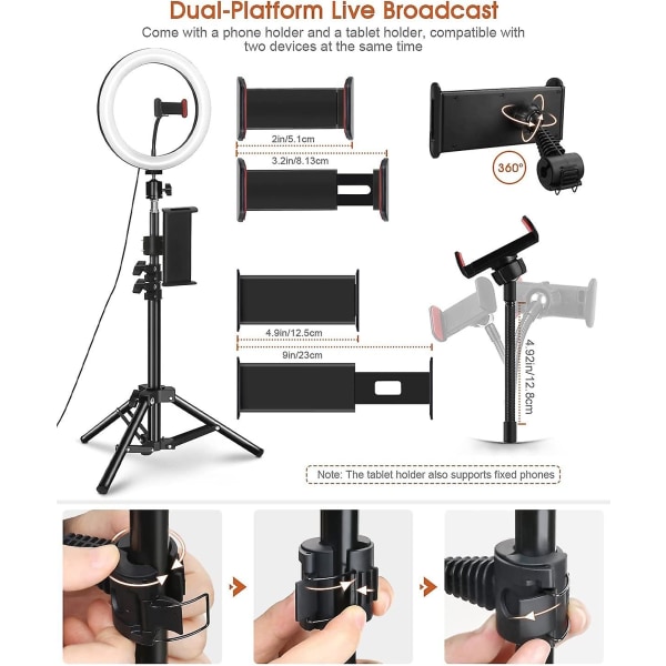 10\" Ringlys 1.34m Bluetooth Ringlys Med Stativ Stor 128 LED'er 3 Farver 10 Intensiteter Ringlys Med 360 Justerbart Stativ Til Tablet/telefon/ph