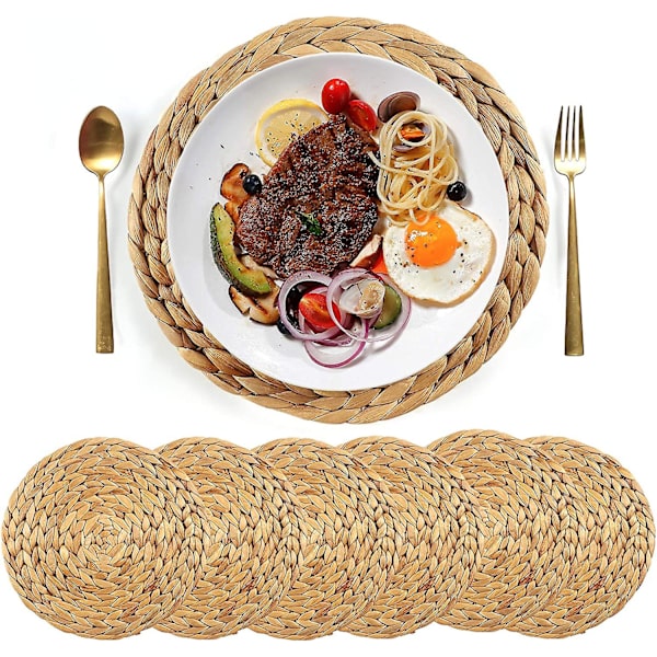 6 kpl 30 cm pöytäliinoja vesihyasintista, pyöreät, korkealaatuiset käsintehdyt, lämmönkestävät, kudotut, olkiset pöytäliinat