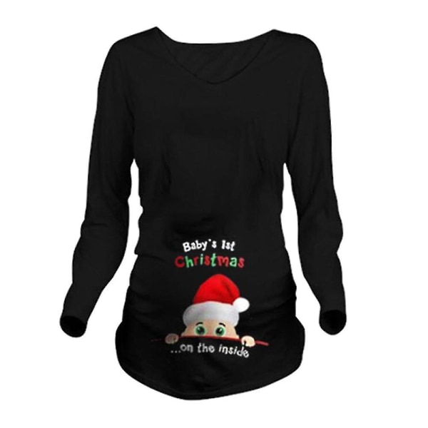Gravid kvinde Julemanden med rund krave åndbar T-shirt til julefest Sorte lange ærmer Black Long Sleeves l