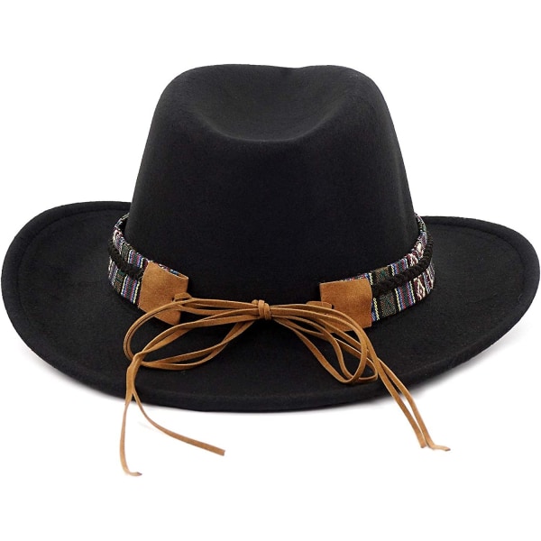 Unisex knusbar cowboyhat Western Cowgirl Outback Hat Cattleman Fedora med flettet bånd og Bull SkullSort Black