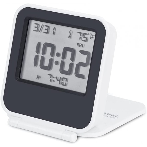 Liten Digital Reseväckarklocka, Batteridriven Mini Reseklocka med Bakgrundsbelysning, Bärbar Vikbar Mini Fickkalender Temperaturklocka (Vit)_RY