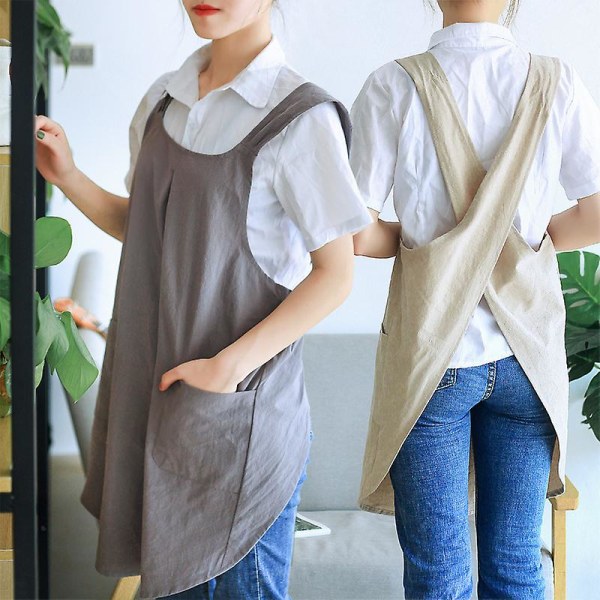 Puutarhaesiliina ristiselkäinen japanilainen pellavainen keittiöesiliina naisille söpöillä taskuilla ruoanlaittoon, maalaamiseen, puutarhanhoitoon, siivoukseen (1 kpl) beige beige