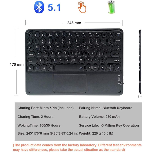 Bluetooth-tangentbord med styrplatta för iPad Pro, trådlöst tangentbord med styrplatta för iPad iOS-surfplatta, smartphone, bärbara datorer, Mac, tunt trådlöst tangentbord, runt
