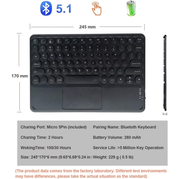 Touchpad Bluetooth-tastatur til ipad Pro Trackpad Trådløst Bluetooth-tastatur til iPad iOS Tablet Smartphone Laptops Mac, Slankt trådløst tastatur Rundt