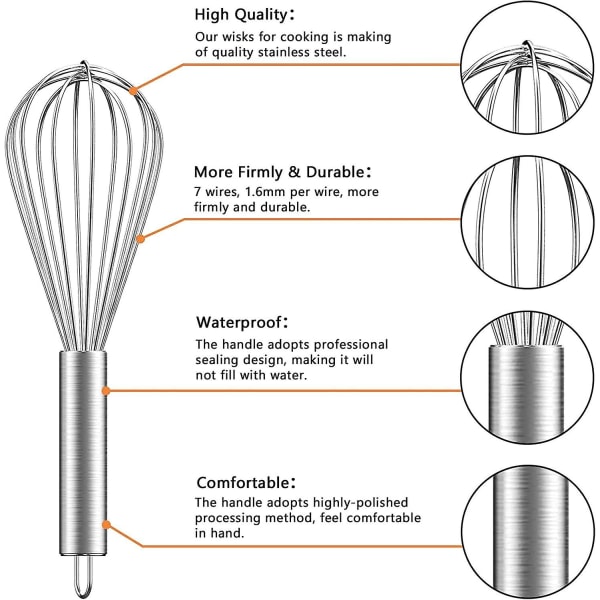 Rostfritt Stål Köksvisp Professionell Bakvisp Köksredskap Ballongvisp Manuell Äggvisp För Blandning Vispning Vispning Rörning, 3-pack 8