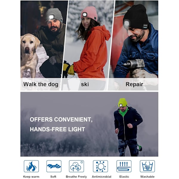 Gaver til menn pappa, Bluetooth LED Beanie musikkhatt med lys og hodetelefoner, strømpefyllere julegaver til menn kvinner campingutstyr