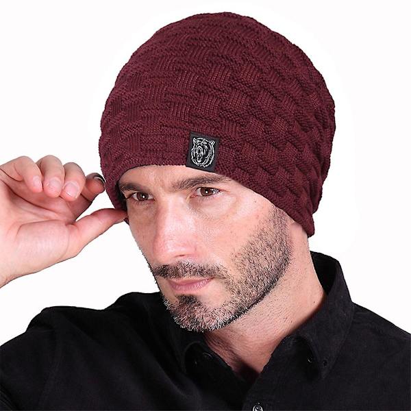 1 st Hat till Män Vinter Varma Hattar Stickad Slouchy Tjock Skallehatt Vinröd wine red
