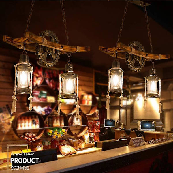 Vintage Chandelier med Naturligt Trä Hänglampa Retro Hängande Metall Trä E27 Justerbar Höjd Upphängningslampa Droplight Belysning Industriell Taklampa