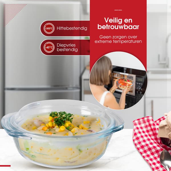 Glasskålesæt med 3 låg, runde ovnfaste bageforme 700ml 1500ml 2000ml, varmebestandig til servering fra ovn til bord