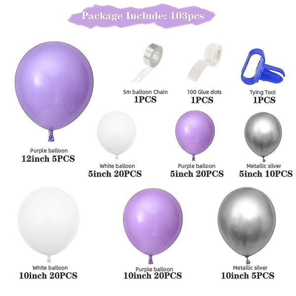 103 kpl Balloon Garland Arch Kit, violetit ilmapallot yhteensopivat juhlasisustusten kanssa