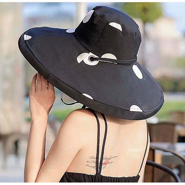 Solhatt för kvinnor med bred brätte, UPF 50+, sommarhatt, hopfällbar, floppy strandmössa för kvinnor, svart med prick på ena sidan One Side dot Black