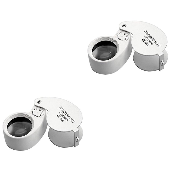 2 kpl Kannettava Taitettava 40x 25mm Metalli Valkoinen LED-Valoinen Luppi Korujen Suurennuslasi 2pcs