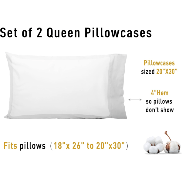 Set 4 kpl, puuvilla Queen tyynyliinat 4, 20×30 tuumaa kirkkaan valkoinen, pehmeä ja hengittävä