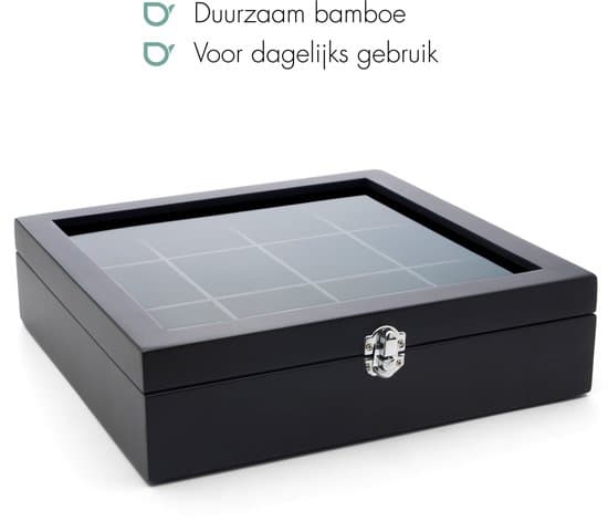 Bredemeijer Bambus Te-pose Organizer med Klart Låg, Te-opbevaringsboks med 12 Rum til Standard Te-poser, Sort, Gave til Te-elskere