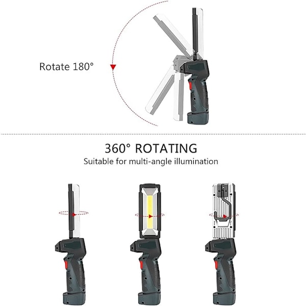 Oppladbar COB arbeidslampe med magnetisk base, bærbar mekaniker arbeidslommelykt, 360° svingbar LED arbeidslampe for bilreparasjon
