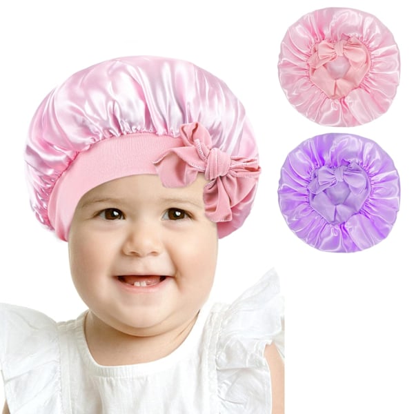 Pack of 2 Satin Sleeping Bonnet for Kids, Soft Satin Sleep Bonnet, Adjustable Sleep Cap Hair Bonnet for Children, Pink+Purple