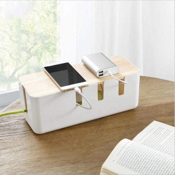Rektangulær kabeloppbevaringsboks med trelokk, kabeldeksel for datamaskin TV, strømbrett, lader og USB-hubsystem, 30,3 * 12,4 * 11,6 cm