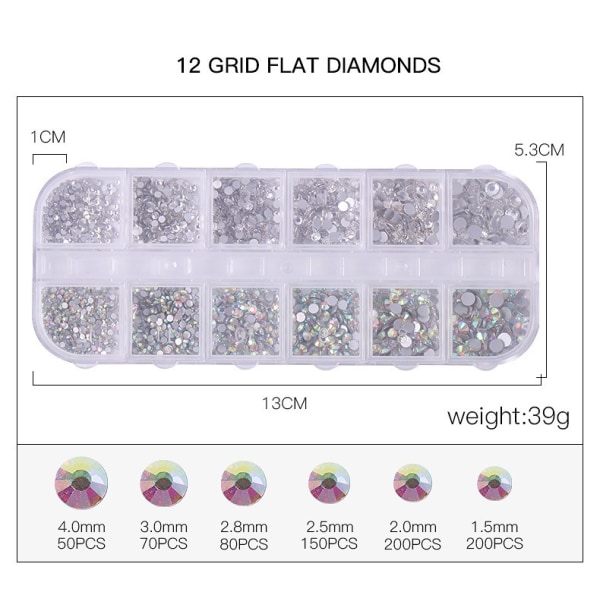 Neglekunst Strasssteiner, Runde Flatback Strasssteiner for Negle, Håndverk, Skygge Multi Form 3D Glass Krystall Negle Edelsten Diamant