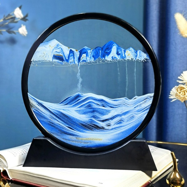 Liikkuvaa hiekkaa taidetta kuvakehys pyöreä lasihiekkamaisema 3D syvänmeren näyttö liikkuva neste, dynaaminen rakeinen valokuva tiimalasijuhlalahja (sininen)