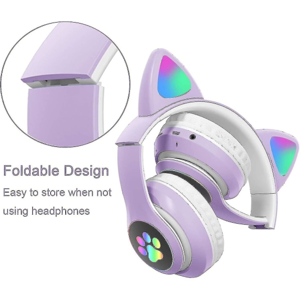 Brettbare Over-Ear Kattøre Bluetooth Trådløse Hodetelefoner med Mikrofon, Justerbar Stereopurpur