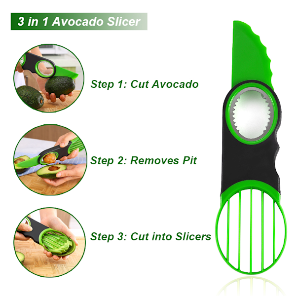 Køkkentilbehør Multifunktionel Frugt Avocado Skærer 3 i 1 Avocado Skærer*ryy Green