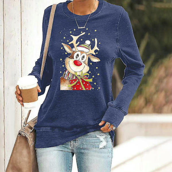 Dam T-shirt med Julälgtryck, Långärmad, Rund Hals, Jultröja, Toppar, MBlå Blue M