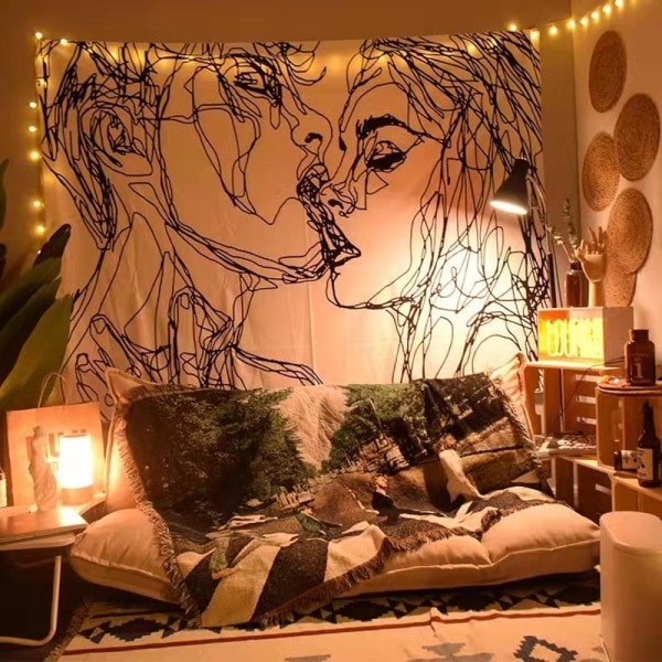 Kissing Lovers Black and White Moon Tapestry med par hängande filt （120*150CM）