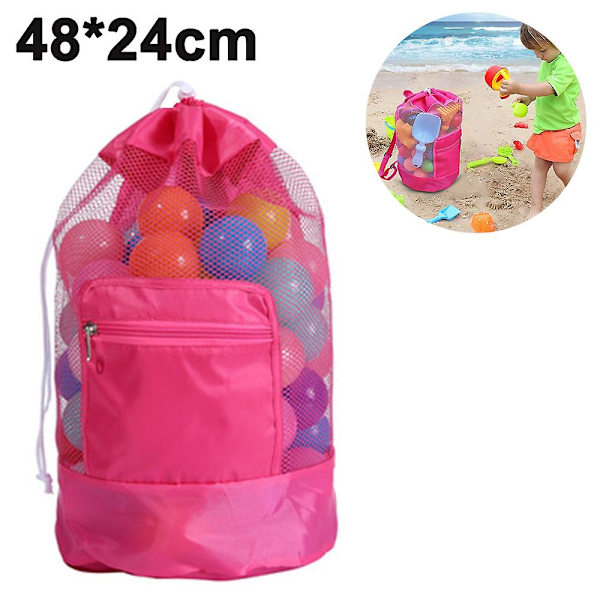 Mesh Strandtaske Stor Tote Sandstrand Legetøjspose Holdbar Rygsæk Svømning Og Pool Børns Legetøj Bolde Snørepose, Legetøj Ikke Inkluderet Rose rød Rose red