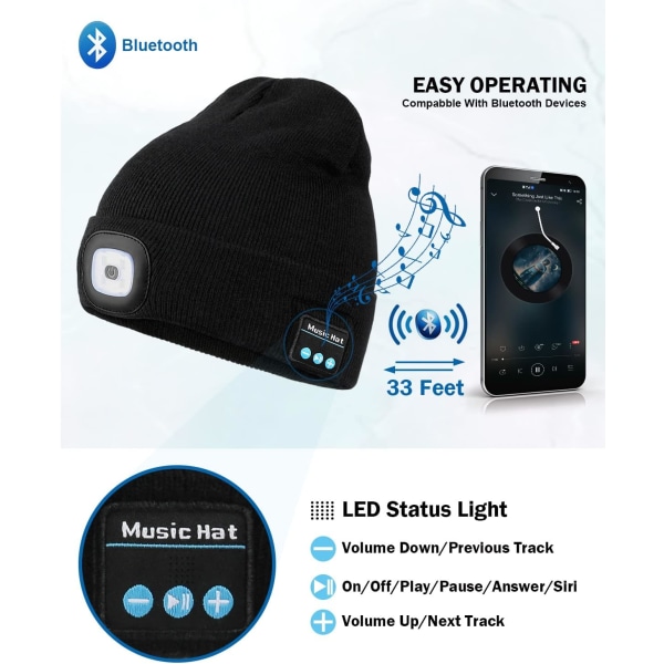 Gaver til menn pappa, Bluetooth LED Beanie musikkhatt med lys og hodetelefoner, strømpefyllere julegaver til menn kvinner campingutstyr