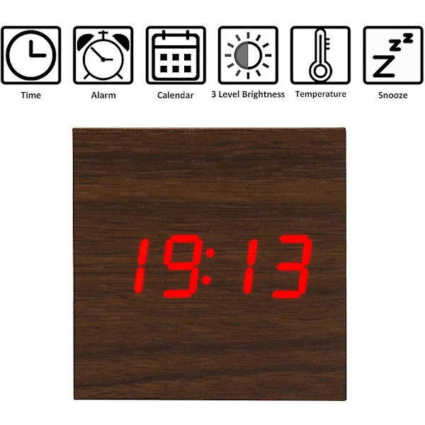 Træ Mini Digital Ur med 3 Lysstyrkeindstillinger og Stemmestyring, Perfekt til Familieture
